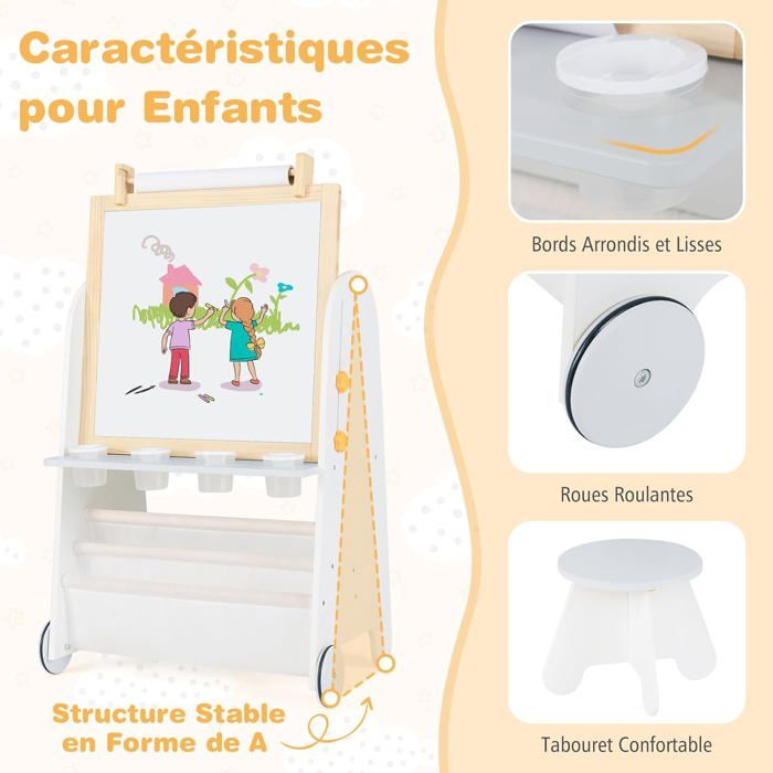 COSTWAY Chevalet Enfant Double Face – Tableau Blanc Magnétique + Noir + Parcours De Billes + Rouleau De Papier – Pliable, Réglable, 12 Accessoires – Dès 3 Ans