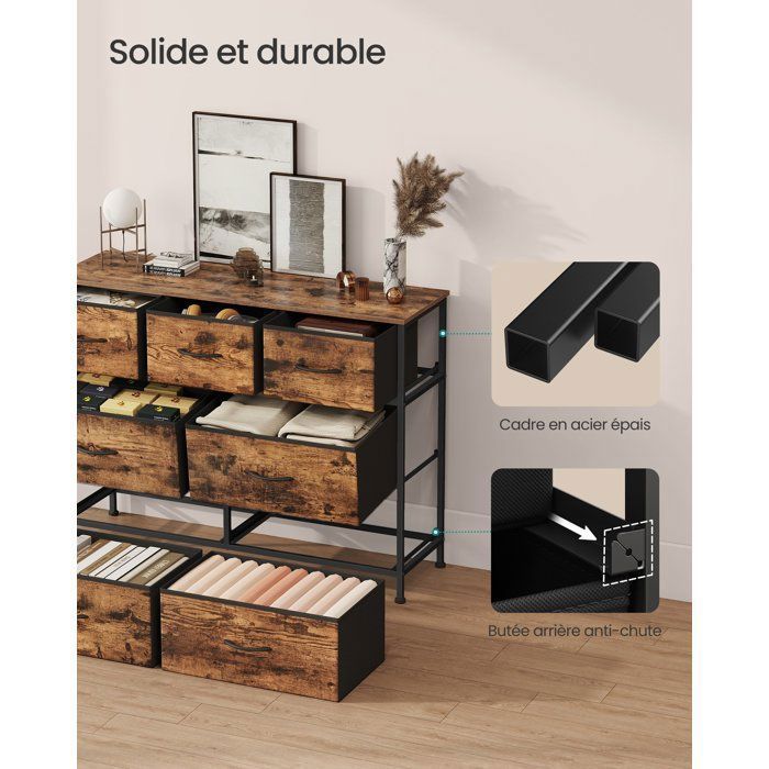 Commode 7 Tiroirs SONGMICS – Meuble Rangement Chambre, Entrée, Salon – Noir D'Encre & Noir Boisé