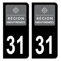 Autocollant Stickers plaque d'immatriculation voiture département 31 Haute-Garonne Logo Ancienne Région Midi-Pyrénées Noir