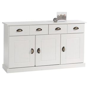 BUFFET - BAHUT  Buffet PARIS commode bahut vaisselier avec 3 portes battantes et 2 tiroirs pin massif lasuré blanc