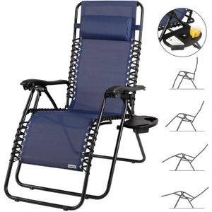 CHAISE LONGUE Chaise longue de jardin inclinable Chaise pliable avec porte-gobelet appui-tête Fauteuil relax Transat jardin bleu