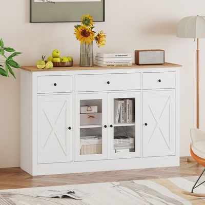 Casa Padrino buffet de style campagnard blanc 219 x 51 x H. 78 cm - Armoire en bois massif avec 2 portes et 6 tiroirs - Meubles en bois massif de style campagnard | Casa Padrino