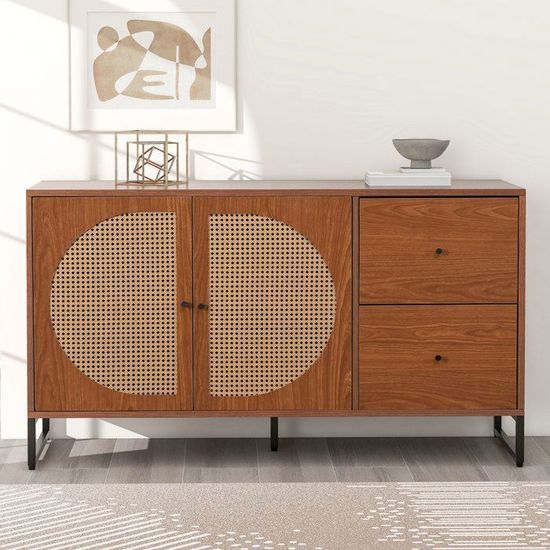 Buffet, 2 portes décoratives en rotin et 2 tiroirs, meuble haut avec poignées en métal, chambre, salon et bureau - Maison