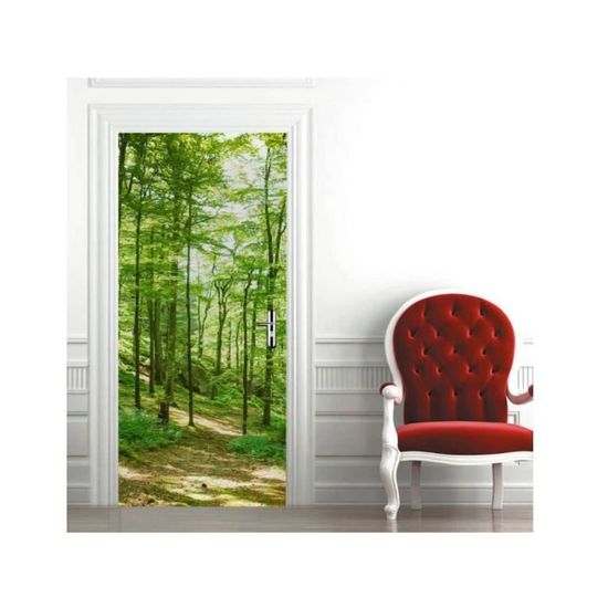 BARFPY Stickers Porte Trompe L'œil Paysage De Forêt Verte 3D Amovible Adhésif Vinyle Papier Peint Porte Imperméable Pour Chambre Enfants Salle De Bain Cuisine Salon Décoration 88x200cm