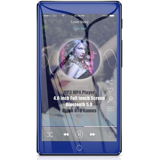 Lecteur MP3 MP4 Bluetooth 5.0 Haute Résolution 4 Pouces Grand écran Tactile Complet - Timoom - 16 Go - Noir