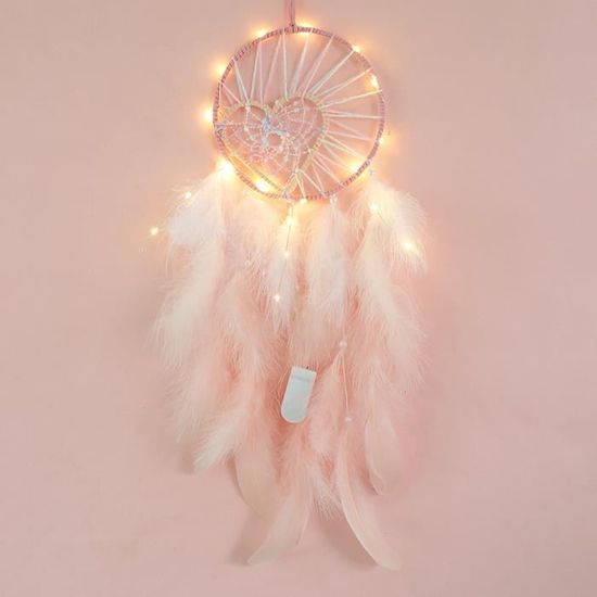 Gshy - Attrape-rêves Avec Plumes Et Lumière LED - Décoration Murale Ou Pour Voiture - Style Bohème - Rose
