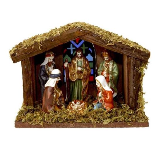 Crèche de Noël lumineuse en bois + 6 santons - Marron - 15 cm