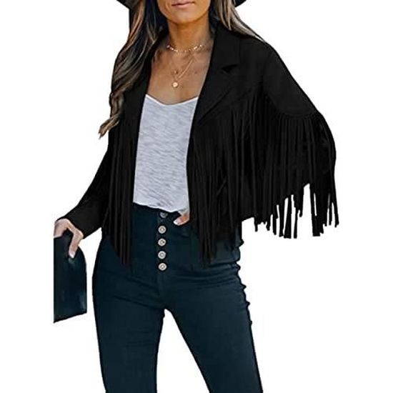Veste Frange Femme Daim Haut recadr?� Western Denim Blouson aviateur Femme l?�ger zipp?� matelass?� 