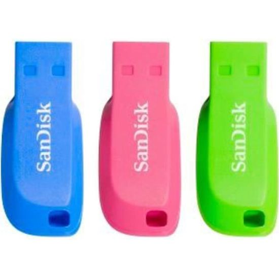 Pack de 3 Clés USB Cruzer Blade - SANDISK - 32 Go - USB 2.0 - Bleu, vert et rose