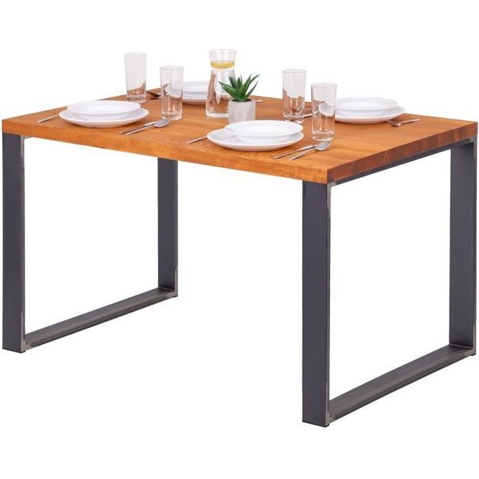 LAMO MANUFAKTUR Table à manger industrielle en bois massif - 120x80x76cm - frêne foncé - pieds acier brut - modèle modern