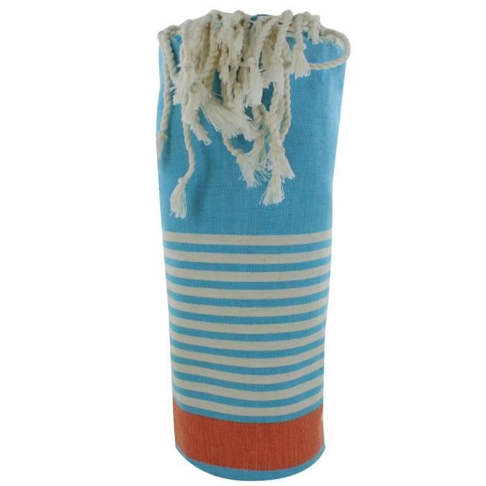 Les Poulettes Bijoux - Fouta Drap Plage et Hammam Coton Couleur Turquoise Bande Orange Petites Rayures Blanches 100 x 200cm