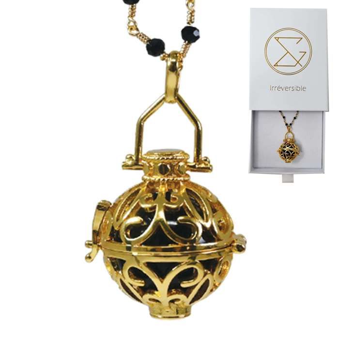 Bola de grossesse cage or avec chaîne - LIA (Chaine perlée noire/bille noire) - plaquée or - coffret cadeau femme enceinte