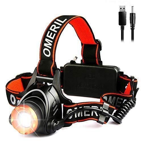 OMERIL Lampe Frontale Puissante, Torche Frontale USB Rechargeable LED CREE XML-T6,2000 LM, 3 Modes Eclairage, Zoomable, Réglable,