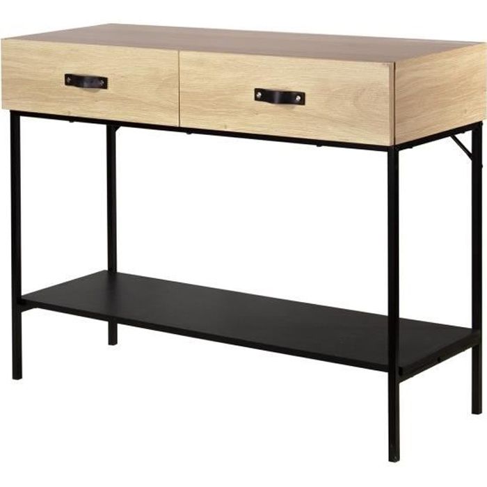 Console 2 tiroirs décor chêne et plateau noir - Casâme Bois Clair