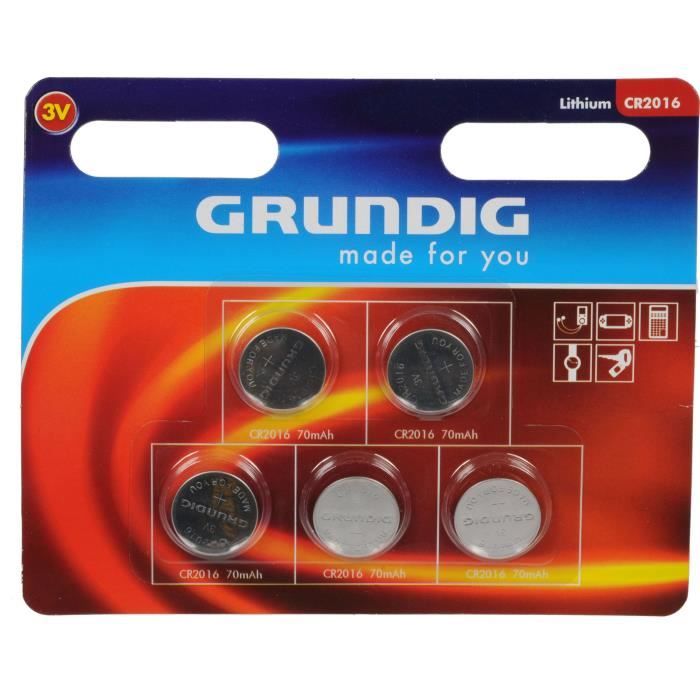 GRUNDIG Pile Bouton CR2016 - 3 V - Pack de 5