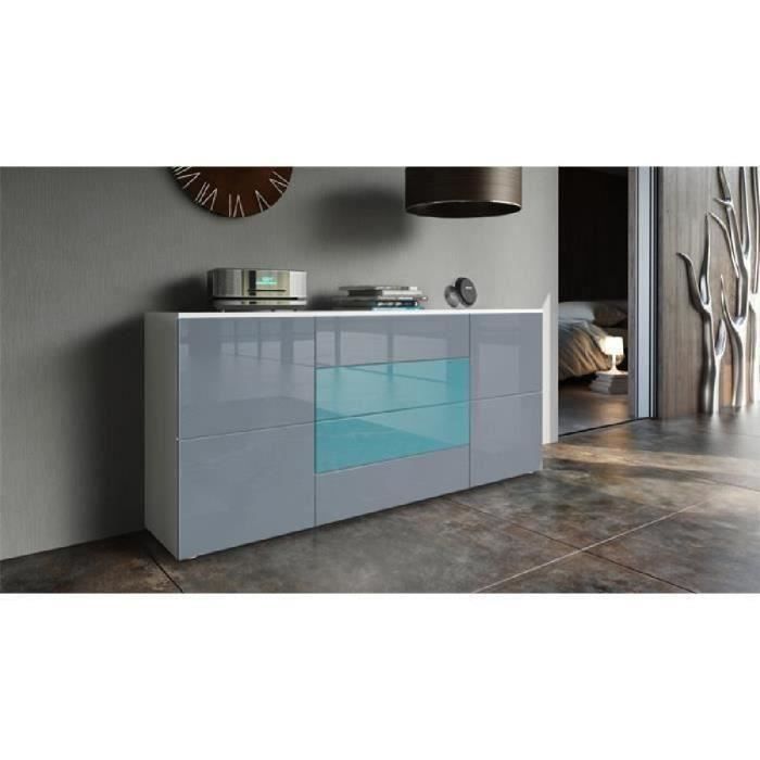 Buffet blanc mat et façade laquée gris et turquoise