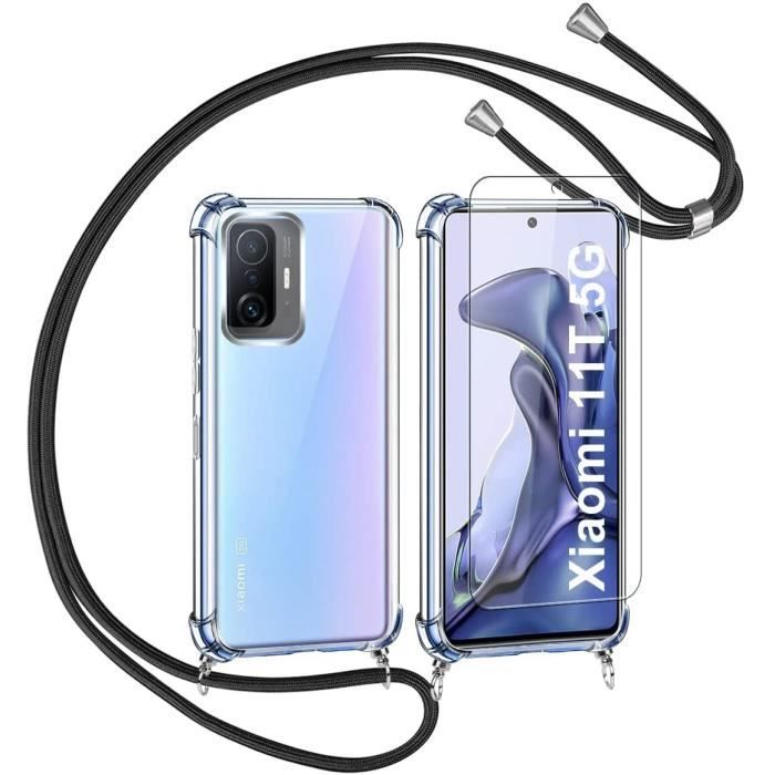 Coque Cordon de Collier pour Xiaomi 11T / 11T Pro 5G Transparente Silicone avec Verre Trempé Housse Réglable Chaîne Lanyard Case