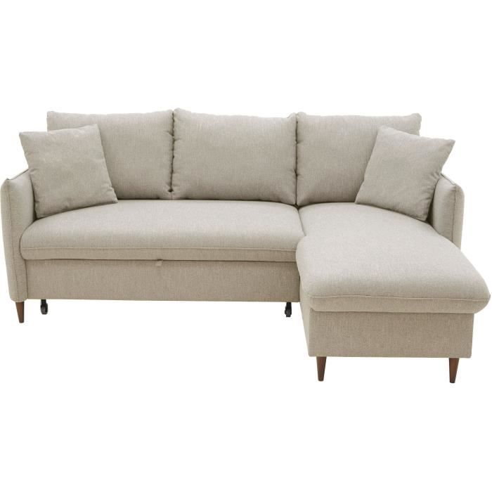 Canapé d'angle convertible réversible 4 places GERAUD - Tissu Beige - Coffre de rangement - L 210 x 