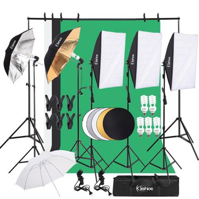 Kit Studio Photo Professionnelle avec Toile de fond 1,6×3m, 5 Éclairage 45W Ampoule et 1 Sac de Transport