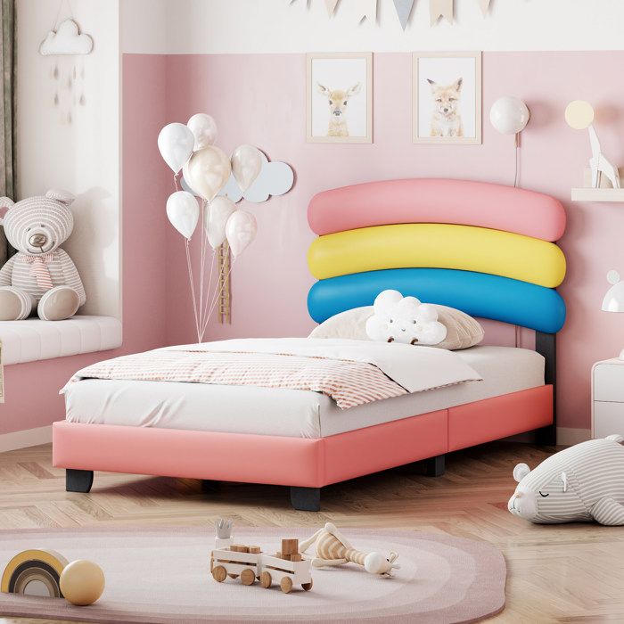 cadre de lit simple - lit enfant 90*200cm, matelas non inclus, cuir pu en forme d'arc-en-ciel, rose - hauss spole
