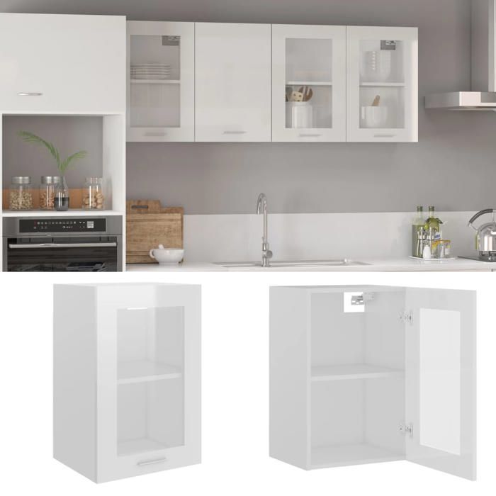 unique armoire en verre suspendue,commode meuble haut de cuisine blanc brillant 40x31x60 cm aggloméré 93216
