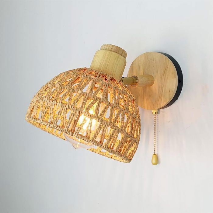 TOKIUS Applique Murale en Rotin avec Interrupteur Lampe Murale Intérieure Réglable en Corde de Papier Applique de chevet Bohème