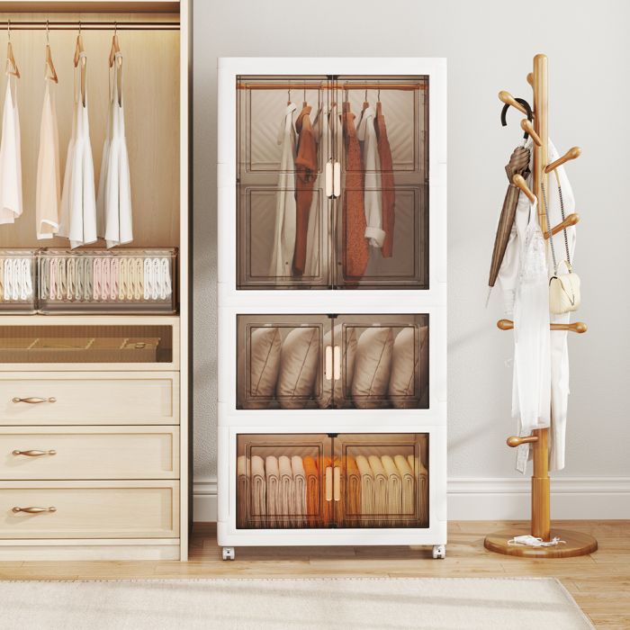 COSTWAY Boîte Rangement Plastique 421 L Caisse Pliable avec 4 Roulettes Tringle 10 Cintres Poignée Porte Magnétique