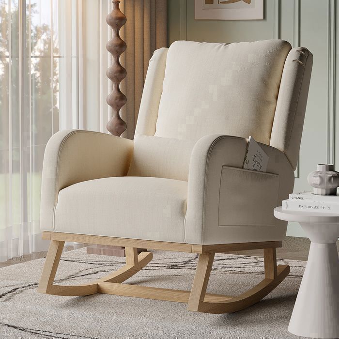 Fauteuil à bascule - NMONET - Beige - Bois massif - Tissu lin-coton - Design moderne