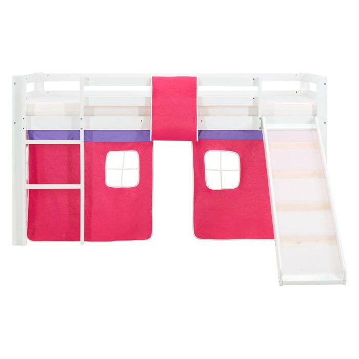 Lit mezzanine pour enfants 90 x 200 cm blanc avec rideau rose Toboggan Avec sommier à lattes Avec matelas Lit mezzanine pour enfants 90 x 200 cm blanc avec rideau rose Toboggan Avec sommier à lattes Avec matelas