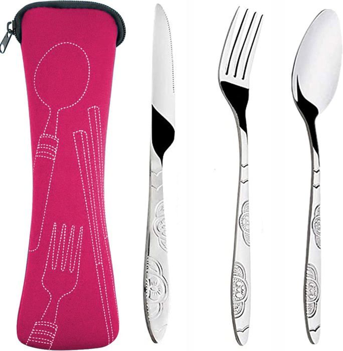 Ustensiles De Cuisine Inox Lot 5 Couverts Camping Acier Inoxydable - Avec Sac Néoprène Voyage Kit Couvert