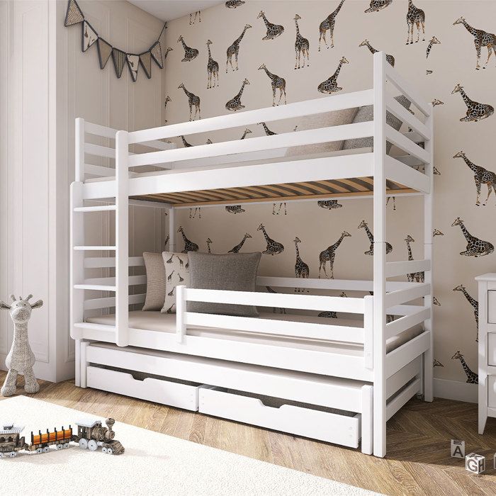 Lit superposé 90x200 sommier lit gigogne et tiroirs inclus Léo Blanc Lit superposé 90x200 sommier lit gigogne et tiroirs inclus Léo Blanc