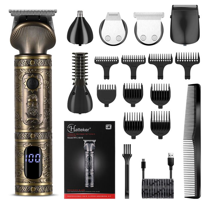 HATTEKER TONDEUSE CHEVEUX Homme 6 en 1 – Tondeuse Barbe Corps Nez Précision Étanche USB Rechargeable Pro – Couleur Or