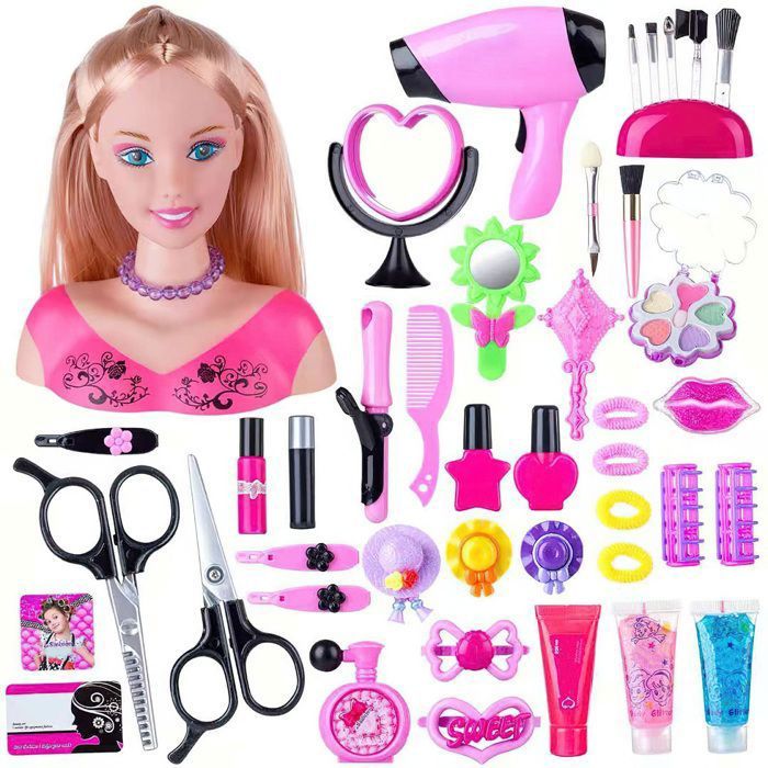 Tete a Coiffer 45 pcs Tête à Coiffer et Maquiller Jeu de Jouets Poupée pour Maquillage et Coiffure Jouet pour Filles de Plus 3 Ans