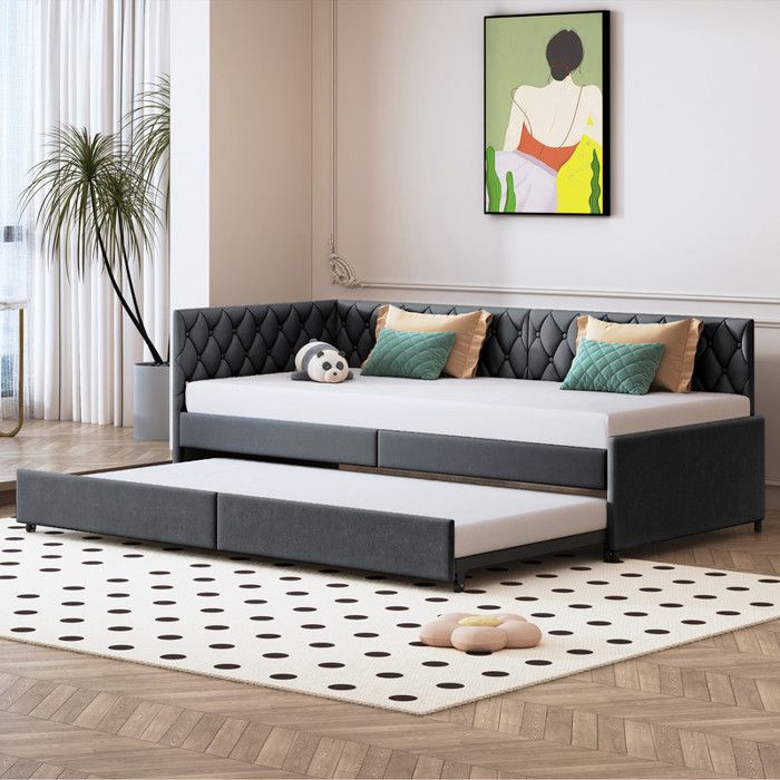 90x200 Canapé lit avec lit gigogne banquette lit avec parois latérales Lit tapissé avec sommier Lit de repos velours gris