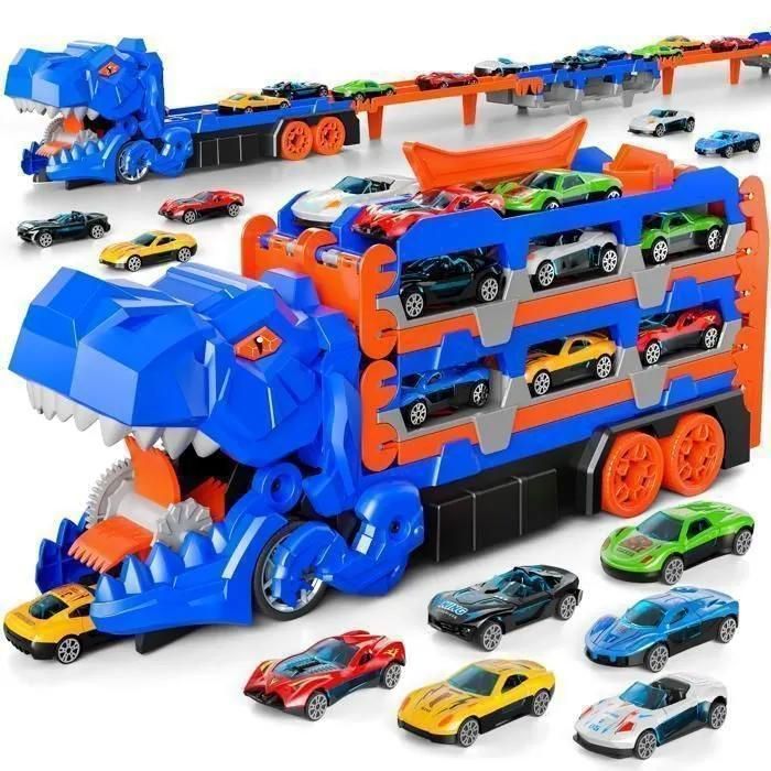 Camion jouet - KUKUFUN - Camion Dinosaure 12 Voitures - Piste de course et catapulte - 12 mini voitures - ABS sans BPA 3-8 ans