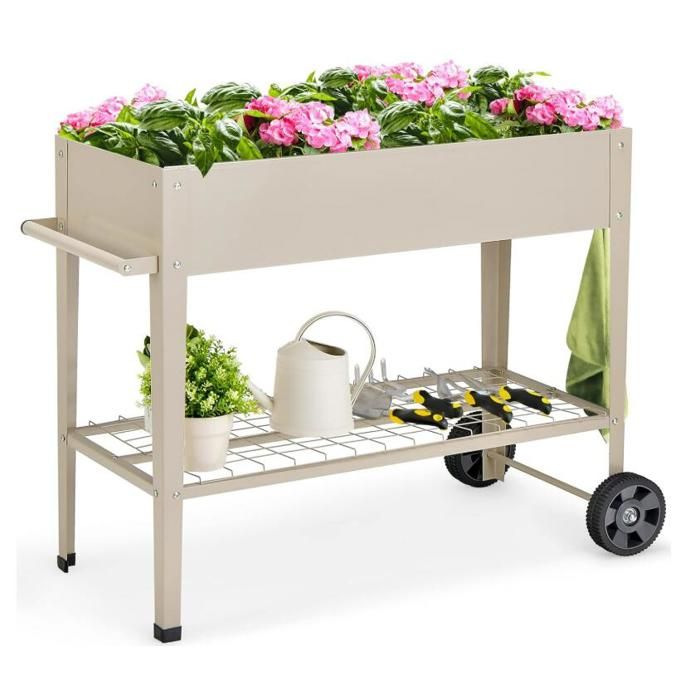 Jardinière sur Pied - RELAX4LIFE - Roulettes en Métal - Lit de Jardin 65L - Étagère de Rangement - Crochets de Suspension - Blanc