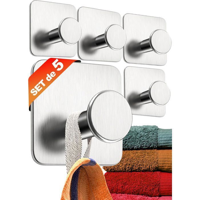 Accroche-Serviette Sans Perçage set de 5 - Porte serviettes de salle de bains Modernes Argenté - Crochet adhésif mural Label