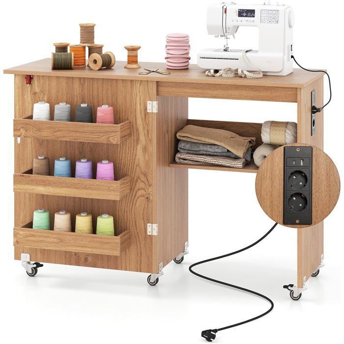 Table de Couture Pliante avec Multiprise COSTWAY 3 Bacs et 1 Etagère de Rangement pour Bobines - Salon Bureau Studio Naturel