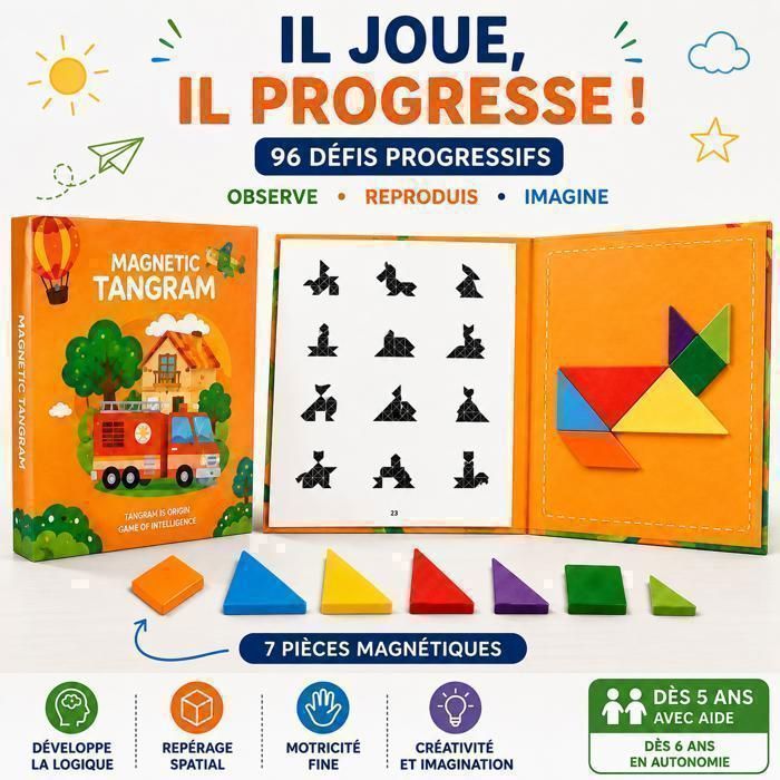 Puzzle Magnétique 2 Pièces 3-en-1 – Thèmes Animaux Et Transports, Niveaux 9/16/25 Pièces, Jouet De Voyage Dès 3 Ans