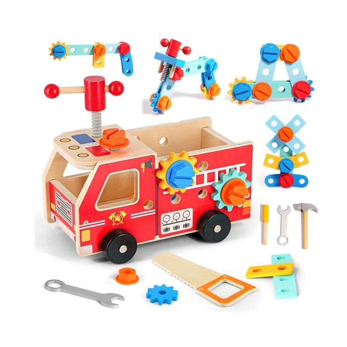 Vanplay Jouet Enfant 3 Ans - Camion Pompier En Bois Avec Perceuse Électrique Et 47 Pièces Outils Montessori - Cadeau Idéal Garçon Fille 3 4 5 Ans