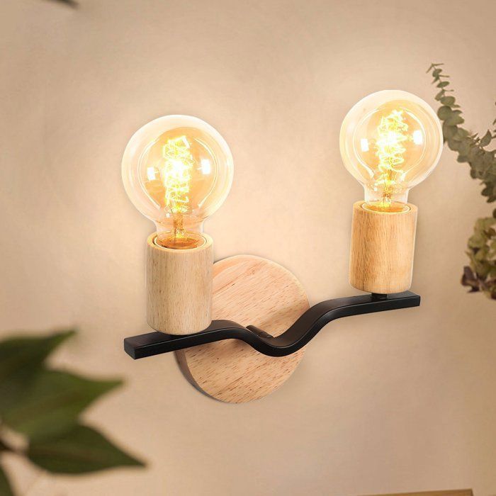 STOEX Applique Murale Industrielle Vintage 2 Lumières E27 Lampe Murale en Métal Rétro pour Chambre Salon Hotel Noir Bois