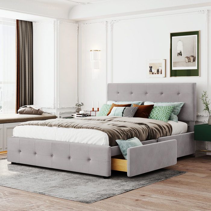 Structure de lit Nouveau épaississement design moderne 140 x 200 cm lit rembourré lit double avec tiroirs cadre à lattes et dossie