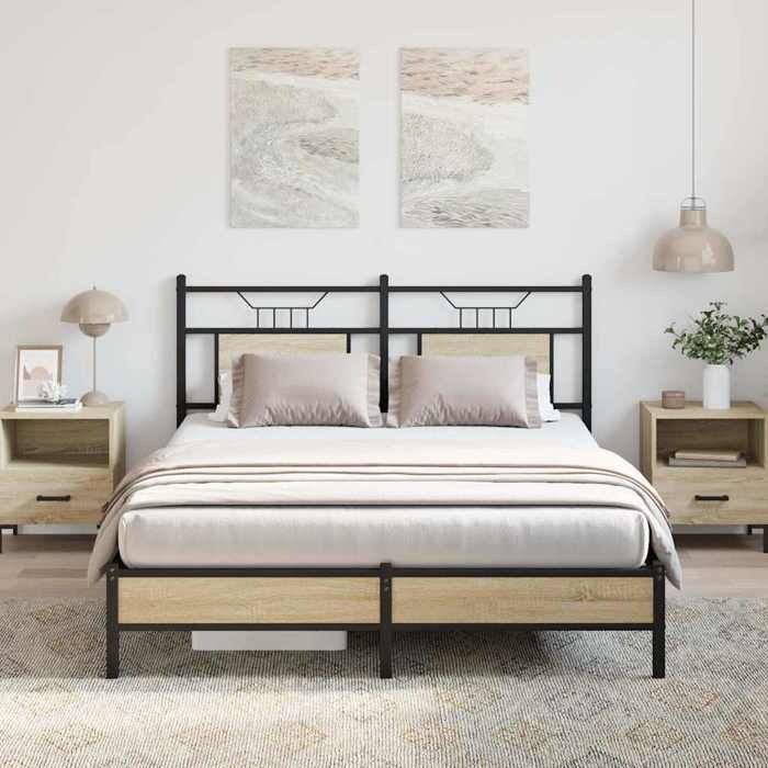 Cadre de lit double - vidaxl - Chêne sonoma - 140x190 cm - Avec tête de lit - Espace de rangement - Sommier à lattes