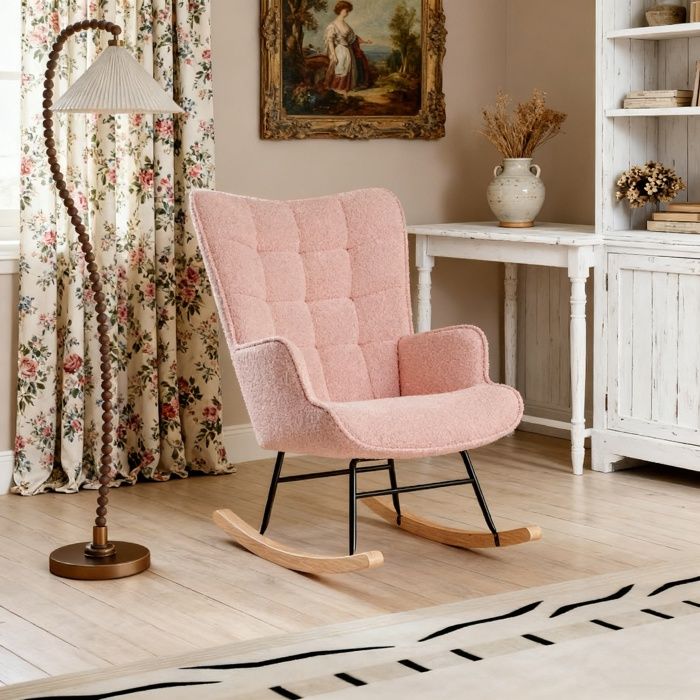 Fauteuil à Bascule Chaise à Bascule Fauteuil Allaitement Chambre Bebe Rocking Chair Chaise à bascule en Velours Teddy Rose