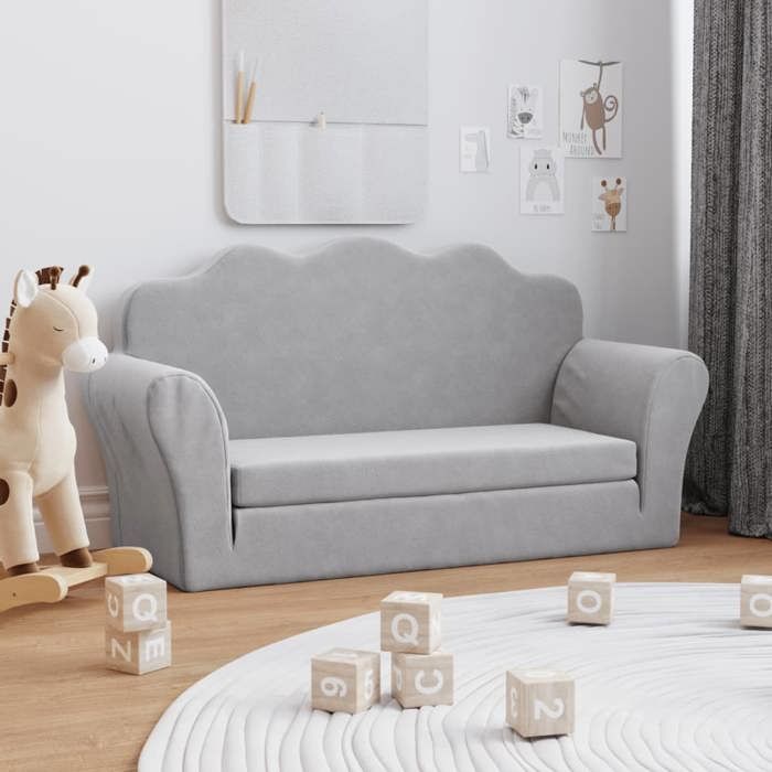 Canapé-lit enfants - vidaXL - Gris clair - Peluche douce - 2 places - 94x34-90x48 cm - Housse amovible - Mousse épaisse