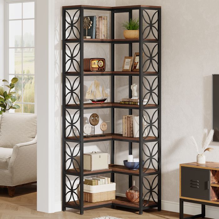 Bibliothèque dangleLittle Tree200 cm Étagère Angle à 7 Niveaux avec Structure Métallique Pour SalonBureauBrun Rustique