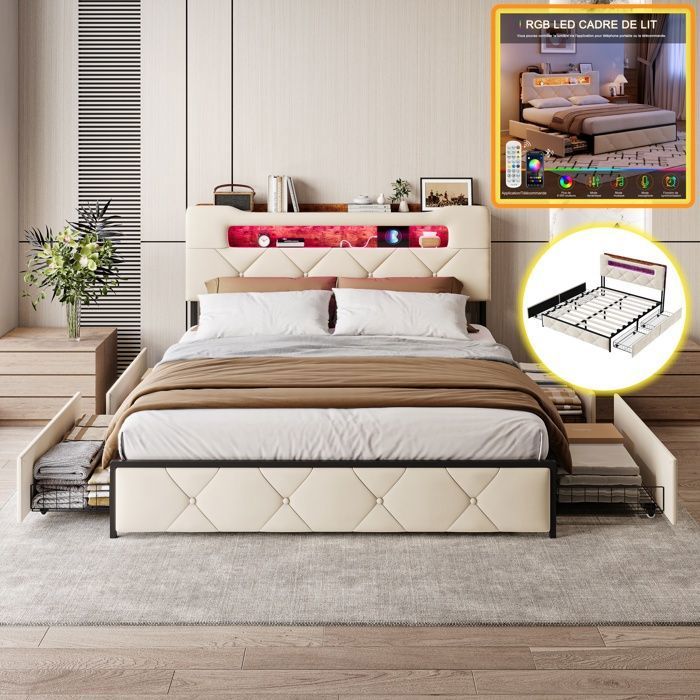 Lit double rembourré 140x200cm Lit double avec LED et USB Tête de lit avec espace de rangement Sommier à lattes Velours beige