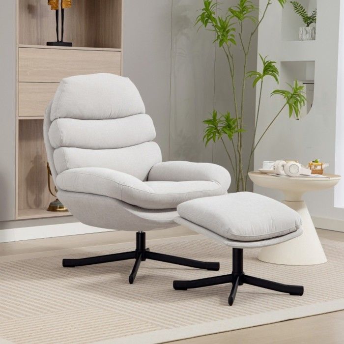 Fauteuil Chaise longue relax moderne tissu chenille blanc crème avec tabouret chaise TV 78x93x100 cm Fauteuil Chaise longue relax moderne tissu chenille blanc crème avec tabouret chaise TV 78x93x100 cm