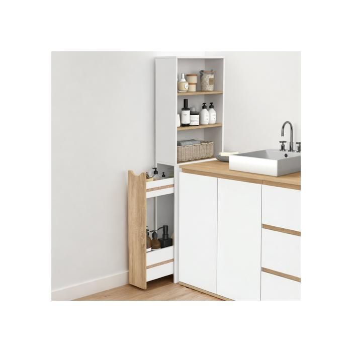 IDMARKET Meuble colonne salle de bain TOMI gain de place desserte 2 niveaux avec tiroirs et 3 étagères façon hêtre et blanc