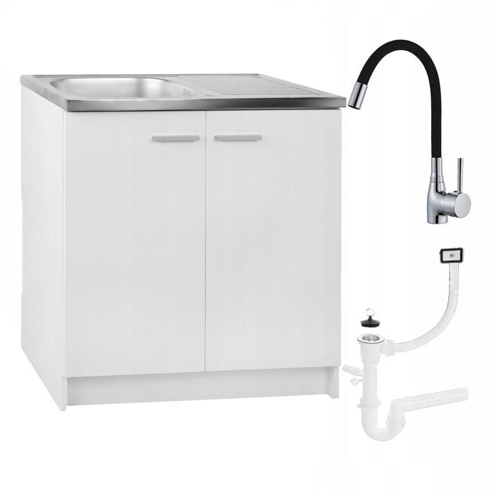 STAMAR Meuble sous Évier 80 cm Blanc + Évier Inox 2 Bacs + Robinet Extensible Noir + Siphon LV - 80x49x82 cm